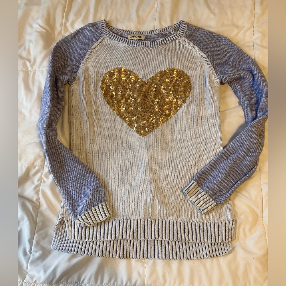 Cherokee very nice quality cotton sweater with sequin heart size 14-16 H